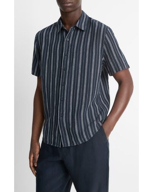 Vince Blue Stripe Classic Fit Short Sleeve Button-Up Shirt for men