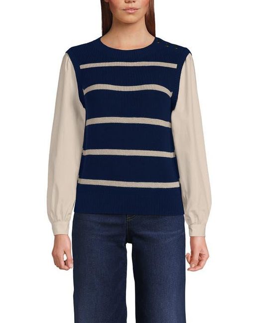 Lands' End Blue Drifter Shaker Button Shoulder Sweater Vest With Poplin Sleeves
