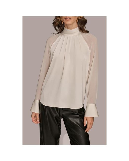 Donna Karan Natural Pleated Sheer Sleeve Top