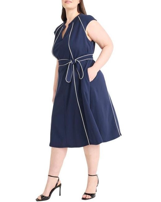 Maggy London Blue Contrast Piping Belted Midi Dress
