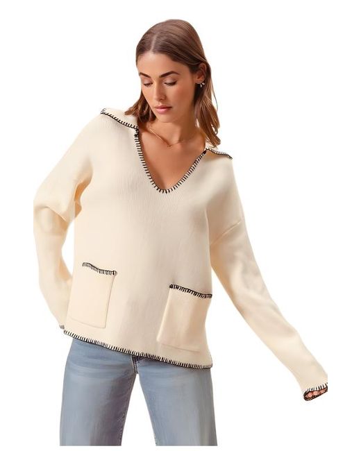 Knit & Lounge Natural Ribbed Long Sleeve V-Neck Pullover With Contrast Trim