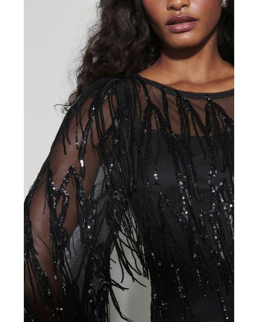 Next Sequin Tassel Long Sleeve Dress in Black | Lyst