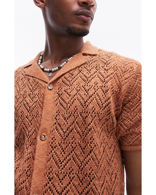 Topman Black Zigzag Short Sleeve Cotton & Linen Pointelle Cardigan for men