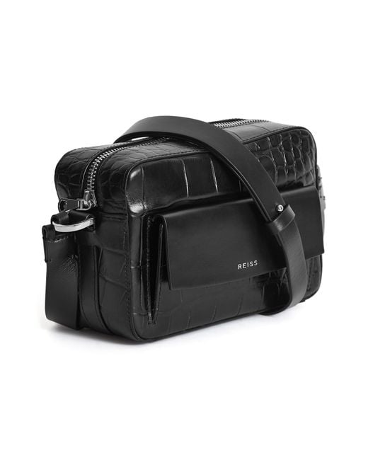 Reiss Archie Croc Embossed Leather Crossbody Bag in Black Lyst