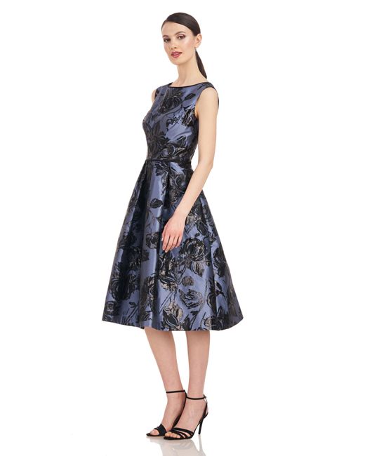 Kay Unger Blue Jackie Floral Jacquard Sleeveless Midi Dress