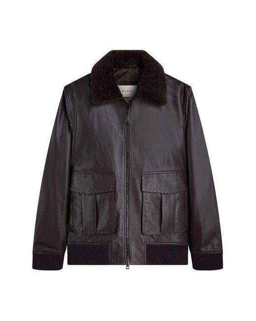 Bugatchi Black Leather Bomber Jacket With Removable Genuine Shearling Collar for men