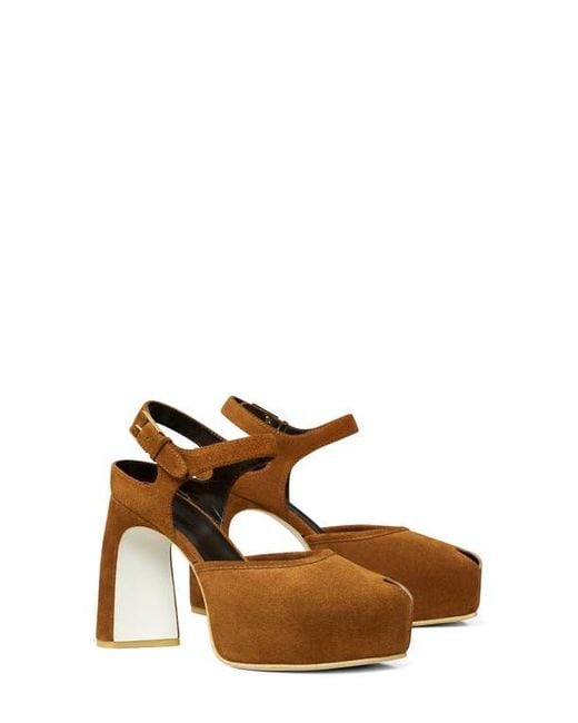 Tory Burch Brown Ankle Strap Peep Toe Platform Pump