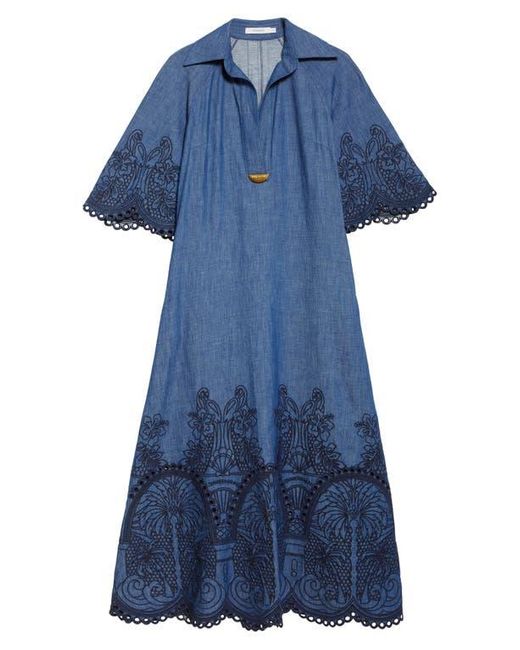 Zimmermann Blue Coco Embroidered Denim Caftan Dress