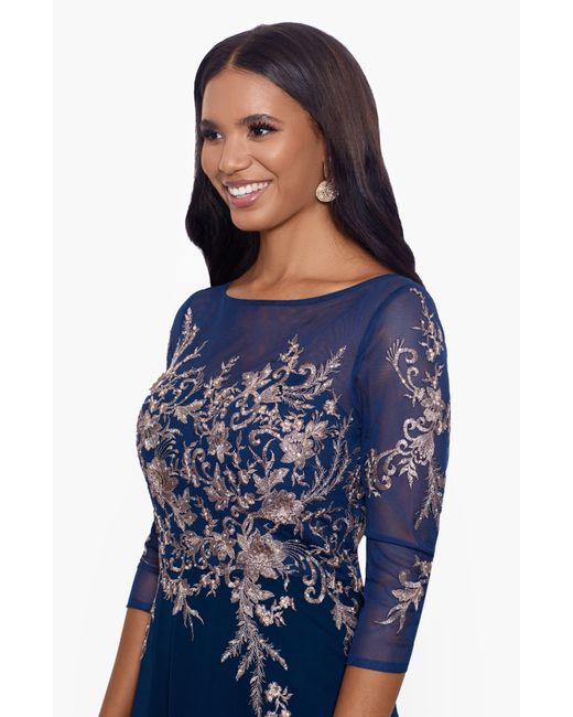 Betsy & Adam Blue Metallic Embroidered Gown