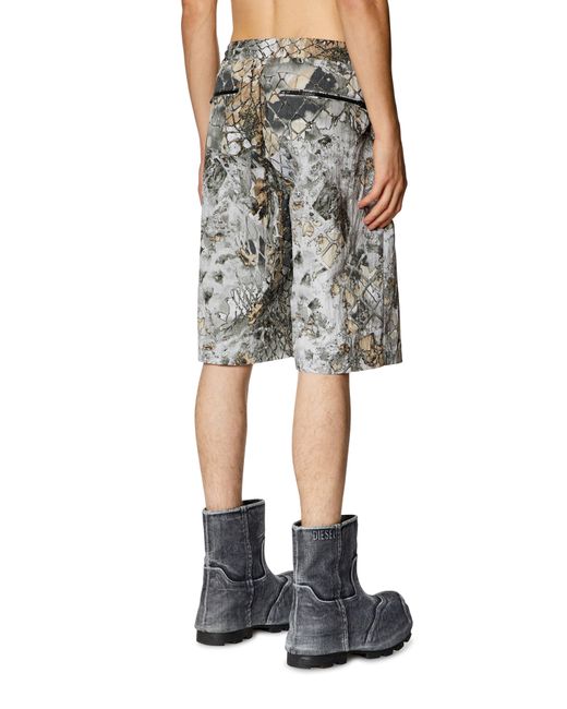 DIESEL Gray Nylon Cargo Shorts With Abstract Print for men