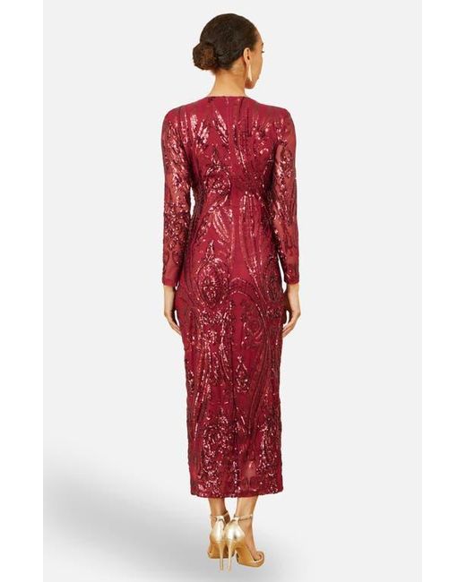 Yumi' Red Sequin Midi Long Sleeve Wrap Dress