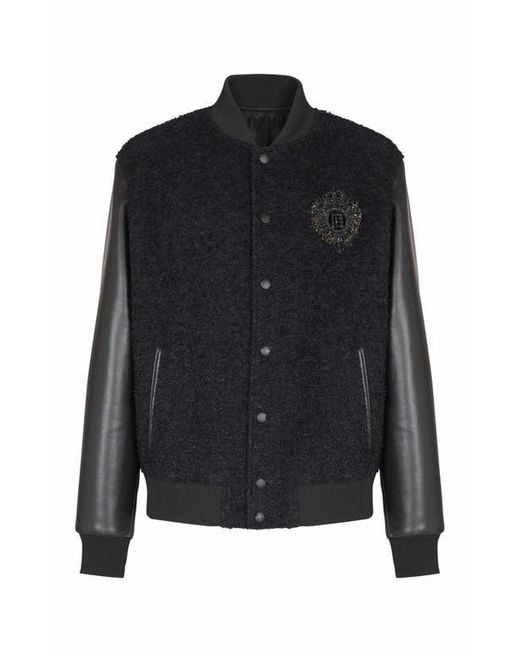 Balmain Black Varsity Tweed And Faux Leather Jacket for men