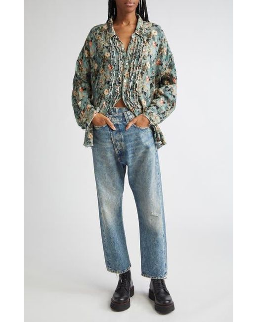 R13 Multicolor Shredded Seam Ruffle Button-Up Shirt