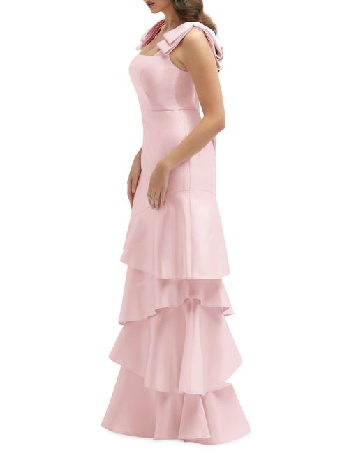 Dessy Collection Pink Bow Shoulder Tiered Gown