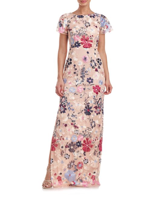 JS Collections Multicolor Magnolia Floral Embroidery Gown