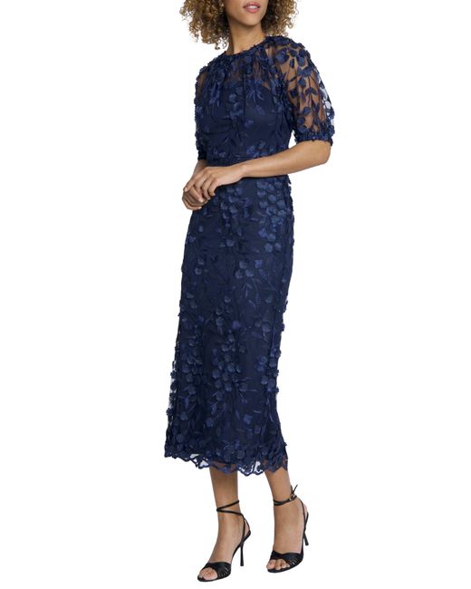 Maggy London Blue Floral Appliqué Illusion Midi Cocktail Dress