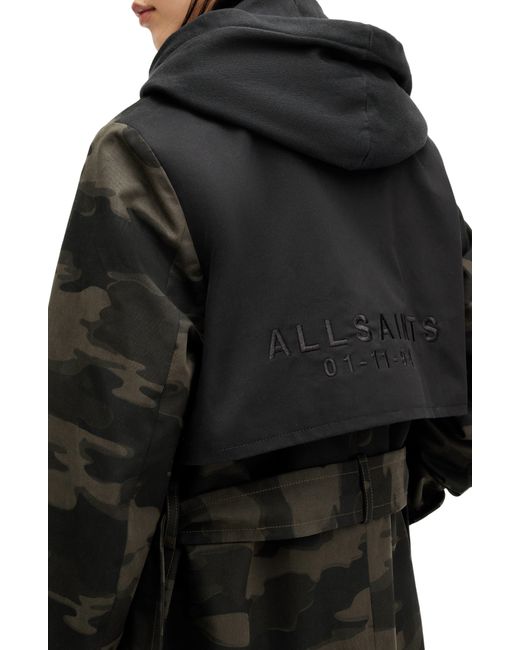 AllSaints Black Mixie Tie Waist Double Breasted Camo Trench Coat