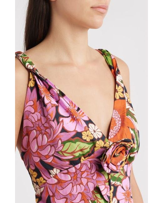 Farm Rio Red Vivi Rosette Detail Floral Linen Blend Maxi Dress