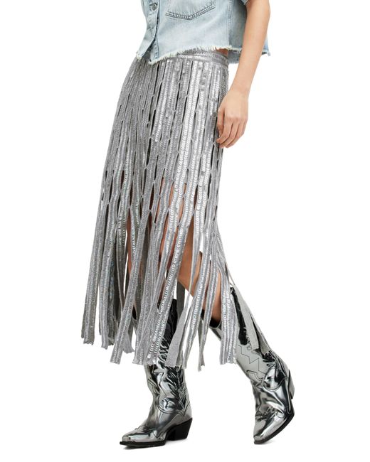 AllSaints Gray Francesca Sequin Fringe Midi Skirt
