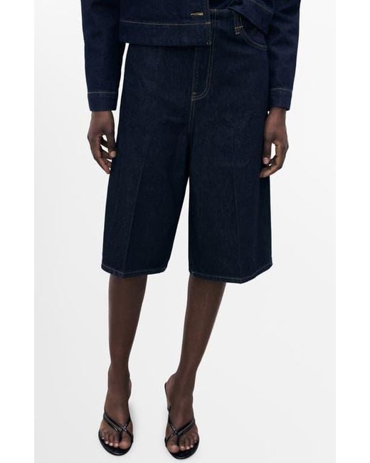 Mango Blue Wide Leg Denim Bermuda Shorts
