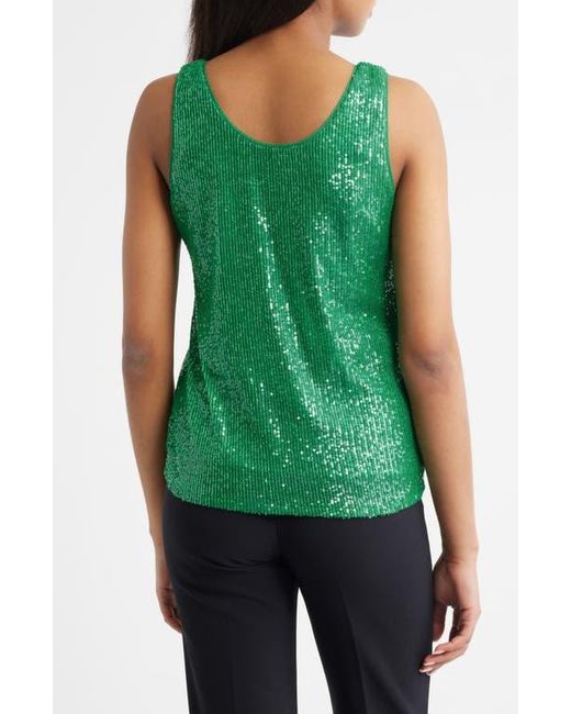 Anne Klein Green Sequin Double Scoop Neck Mesh Tank