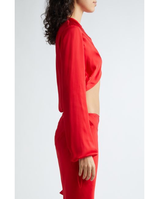 Acne Red Tido Long Sleeve Silk Charmeuse Crop Top