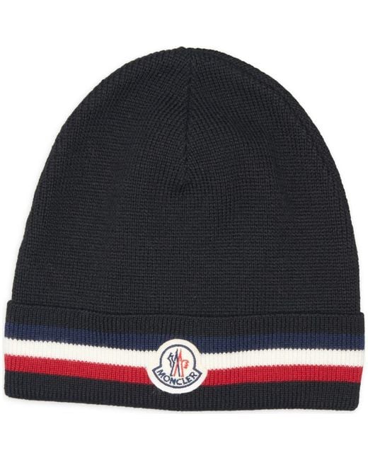 Moncler Black Tricolor Stripe Virgin Wool Beanie for men