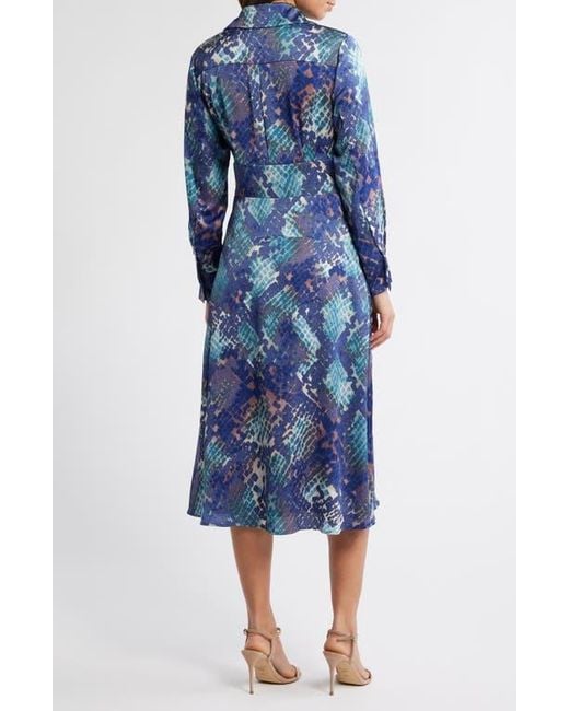 Tahari Blue Long Sleeve Hammered Satin Wrap Front Shirtdress