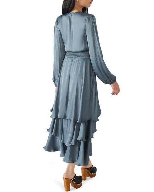 Steve Madden Blue Bei Long Sleeve Tiered Satin Midi Dress