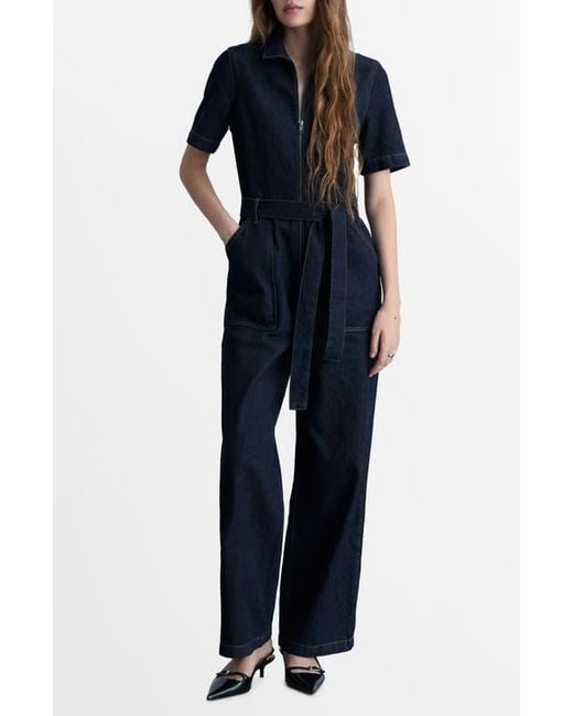 Mango Belted Wide Leg Denim Jumpsuit In Blue Lyst mango-belted-wide-leg-denim-jumpsuit-in-blue-lyst