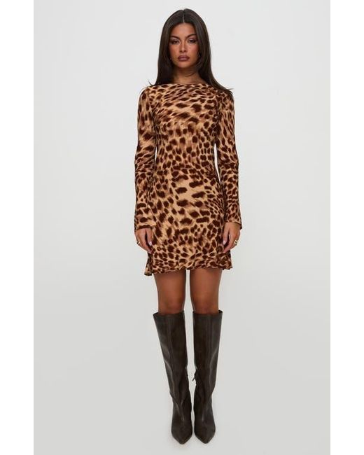 Princess Polly Brown Halo Bias Cut Leopard Print Long Sleeve Minidress