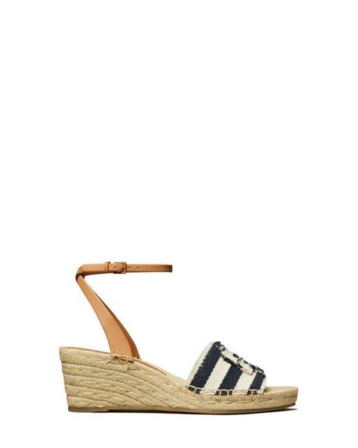 Tory Burch Blue Stripe Ankle Strap Espadrille Platform Wedge Sandal