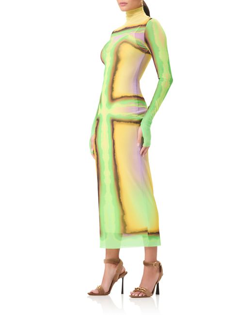 AFRM Yellow Shailene Long Sleeve Turtleneck Mesh Dress