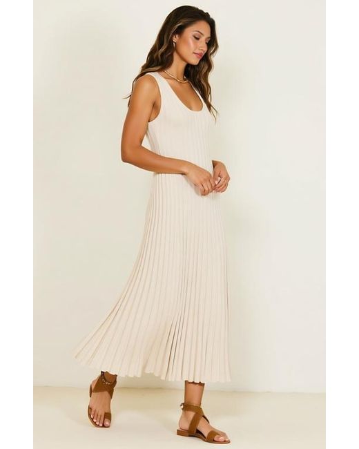 Modenaire Natural Sleeveless Ribbed Knit Midi Dress With Flowy Pleated Hem