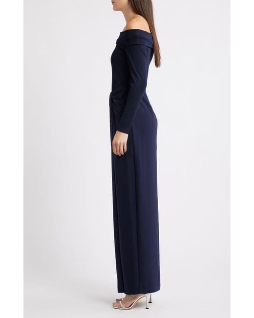 Ralph Lauren Blue Off The Shoulder Long Sleeve Rib & Crepe Gown
