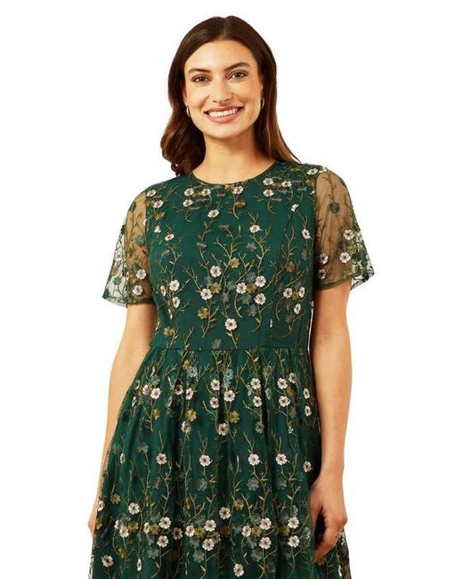 Yumi' Green Embroidered Floral Skater Dress
