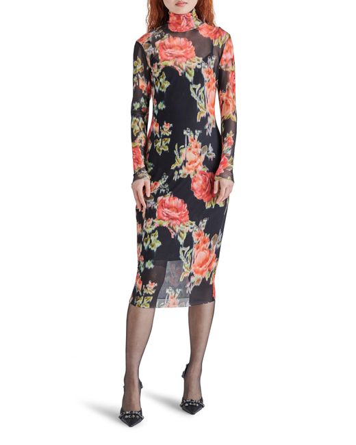 Steve Madden Black Vivienne Floral Long Sleeve Turtleneck Mesh Midi Dress