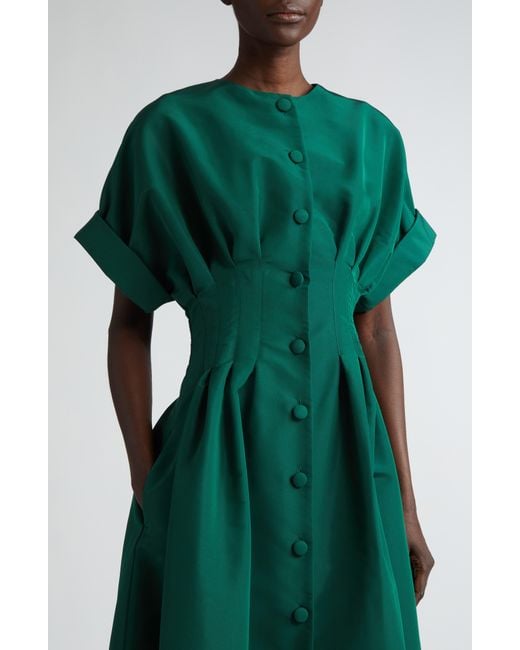 Carolina Herrera Green Cuffed Short Sleeve Button Front Silk Faille Gown