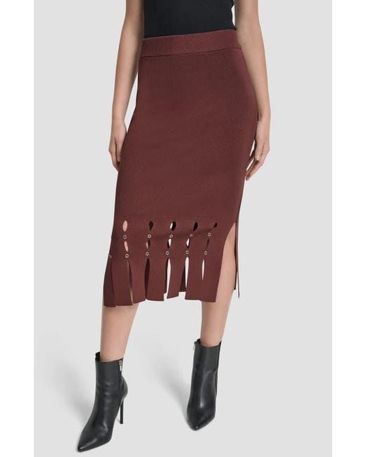 DKNY Red Grommet Trim Fringe Hem Sweater Midi Skirt