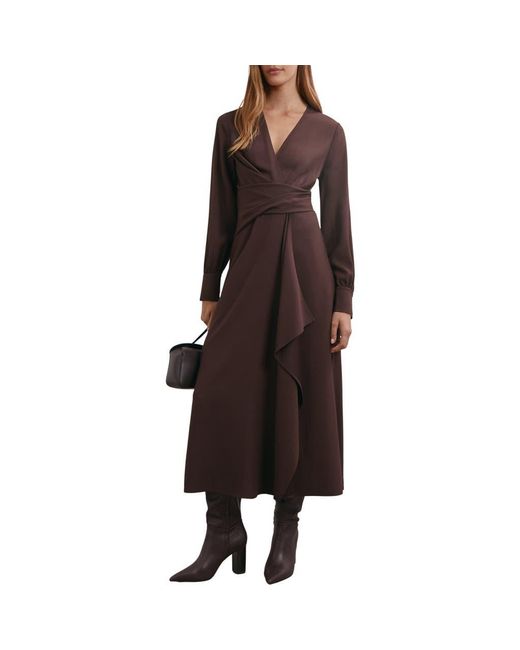 Reiss Women's Brown Mira Drape Detail Long Sleeve Dress