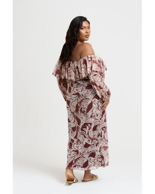 FASHION-SZN CURVE Brown Curve Ruffle Bardot Midaxi Dress