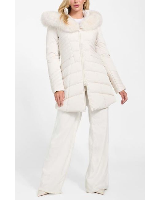 Guess White New Oxana Mixed Media Puffer Coat