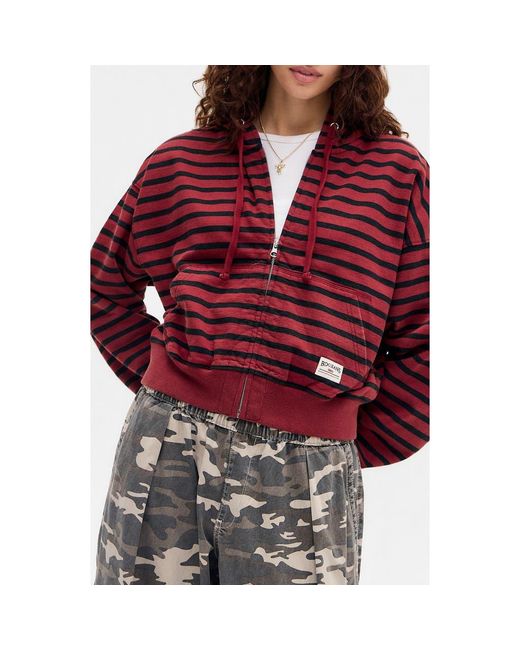 BDG Red Easy Stripe Crop Zip Hoodie