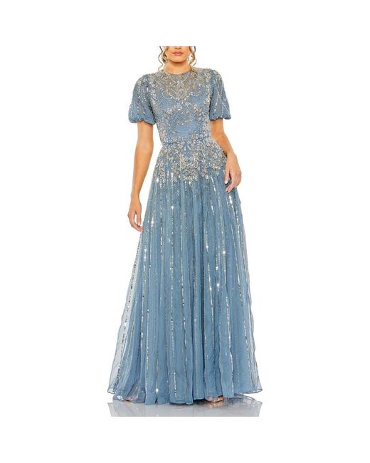 Mac Duggal Blue High Neck Puff Sleeve Embellished A Line Gown