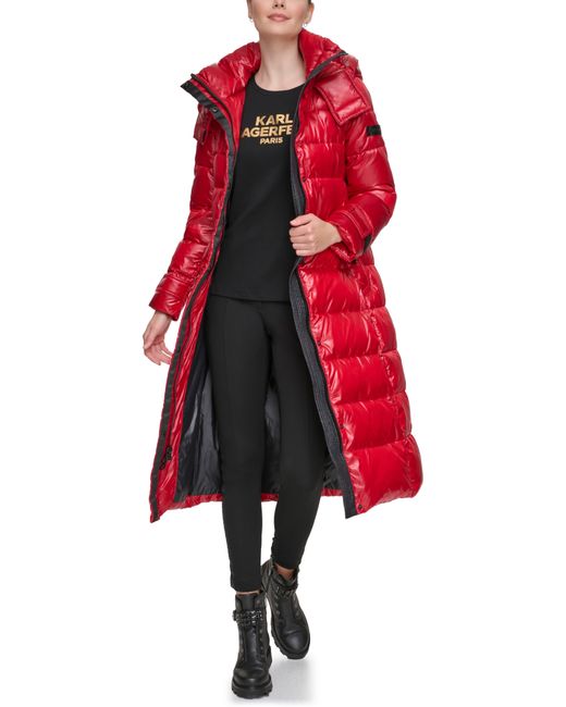 Karl Lagerfeld Red Contrast Belted Longline Puffer Jacket