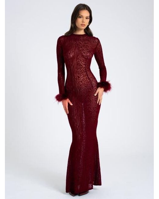 Miss Circle Red Patricia Leopard Burnout Velvet Mesh Backless Maxi Dress