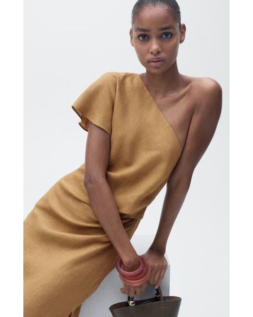 Mango Natural One-Shoulder Linen Midi Dress