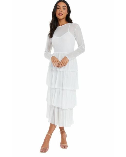 Quiz Women's White Mesh Tiered Skater Dress
