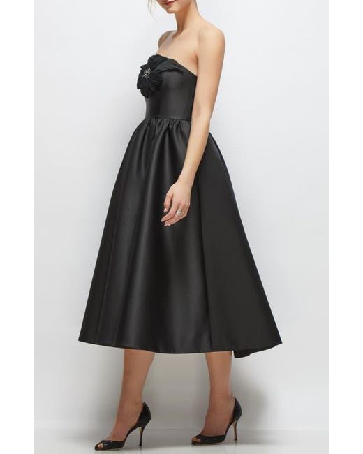 Dessy Collection Black Floral Embellished Strapless Fit & Flare Midi Cocktail Dress