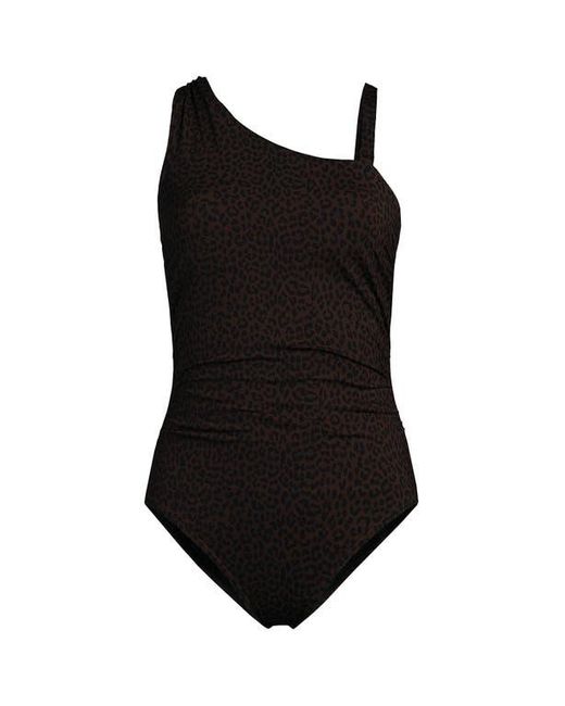 Lands' End Black Chlorine Resistant Shirred One Shoulder One Piece Swimsuit Removable Adjustable Strap